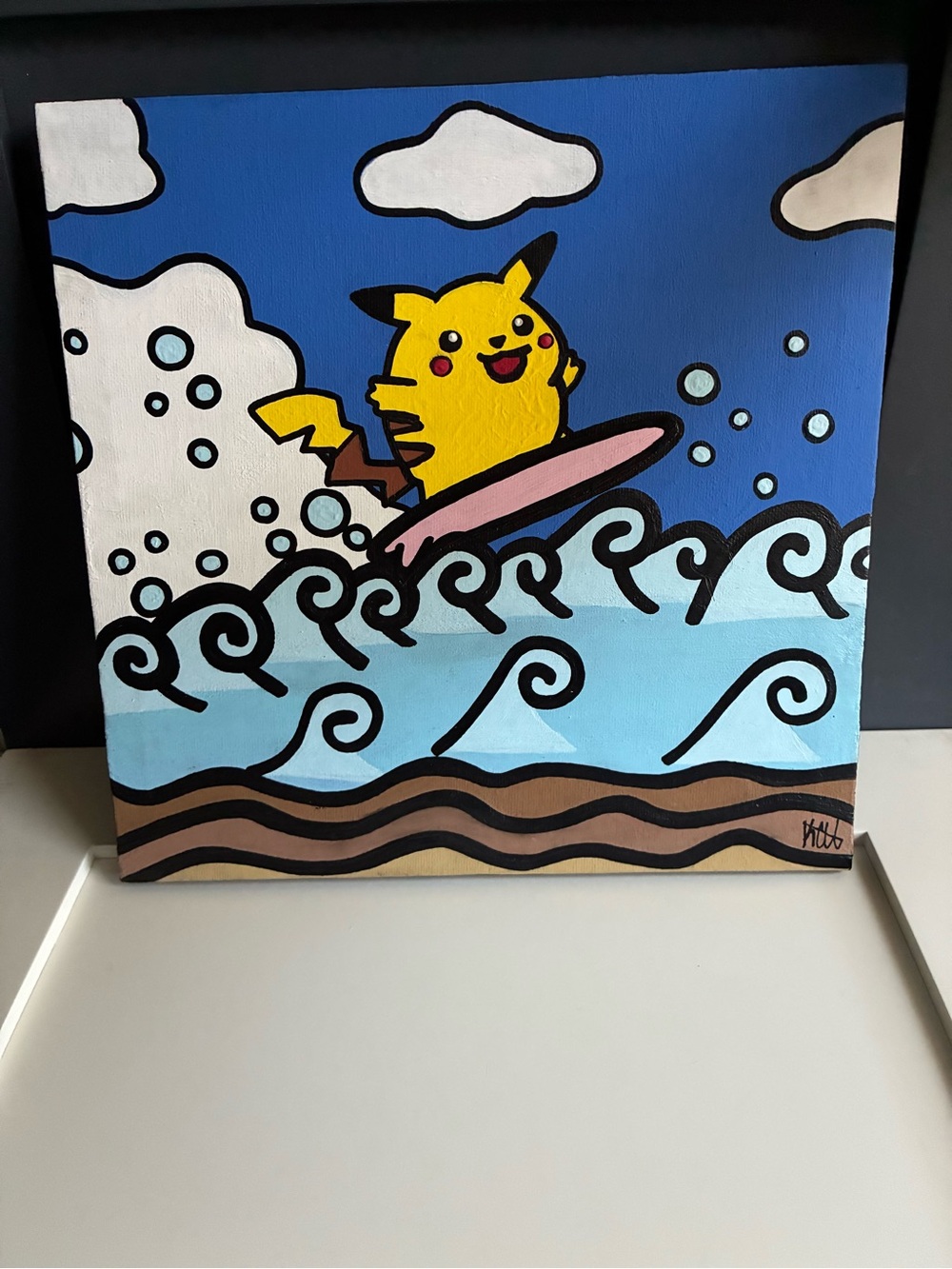Hand-Painted Yellow Pikachu Surf Art Canvas